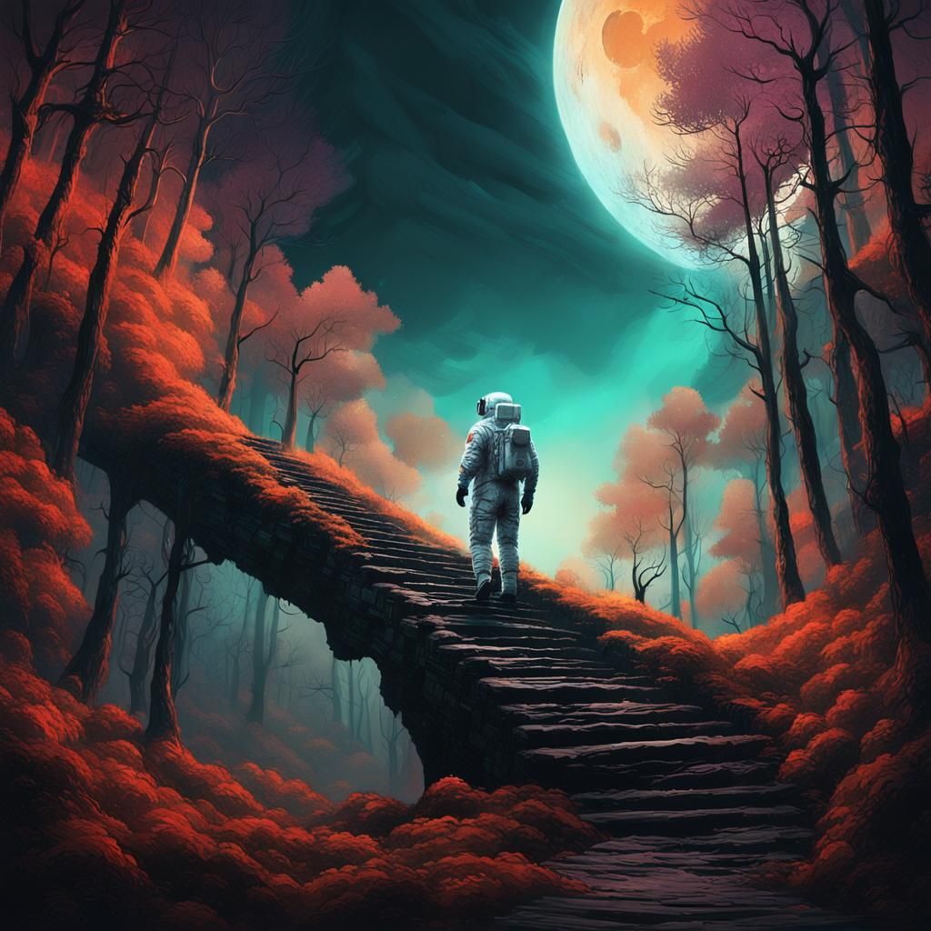 Ethereal Astronaut Ascends Mysterious Stairway to the Glowin...