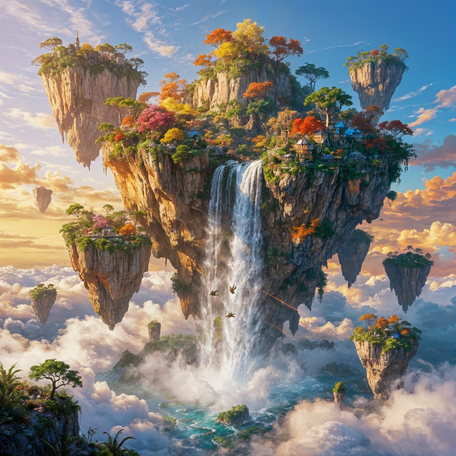 Massive Floating Islands in Golden Hour Light