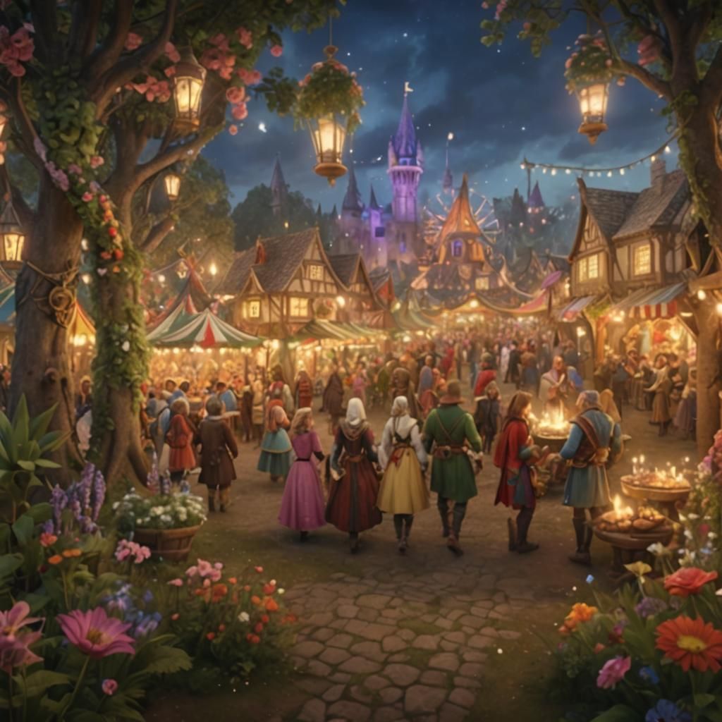 Medieval Carnival in Floral Forest Village, Fantasy Concept ...