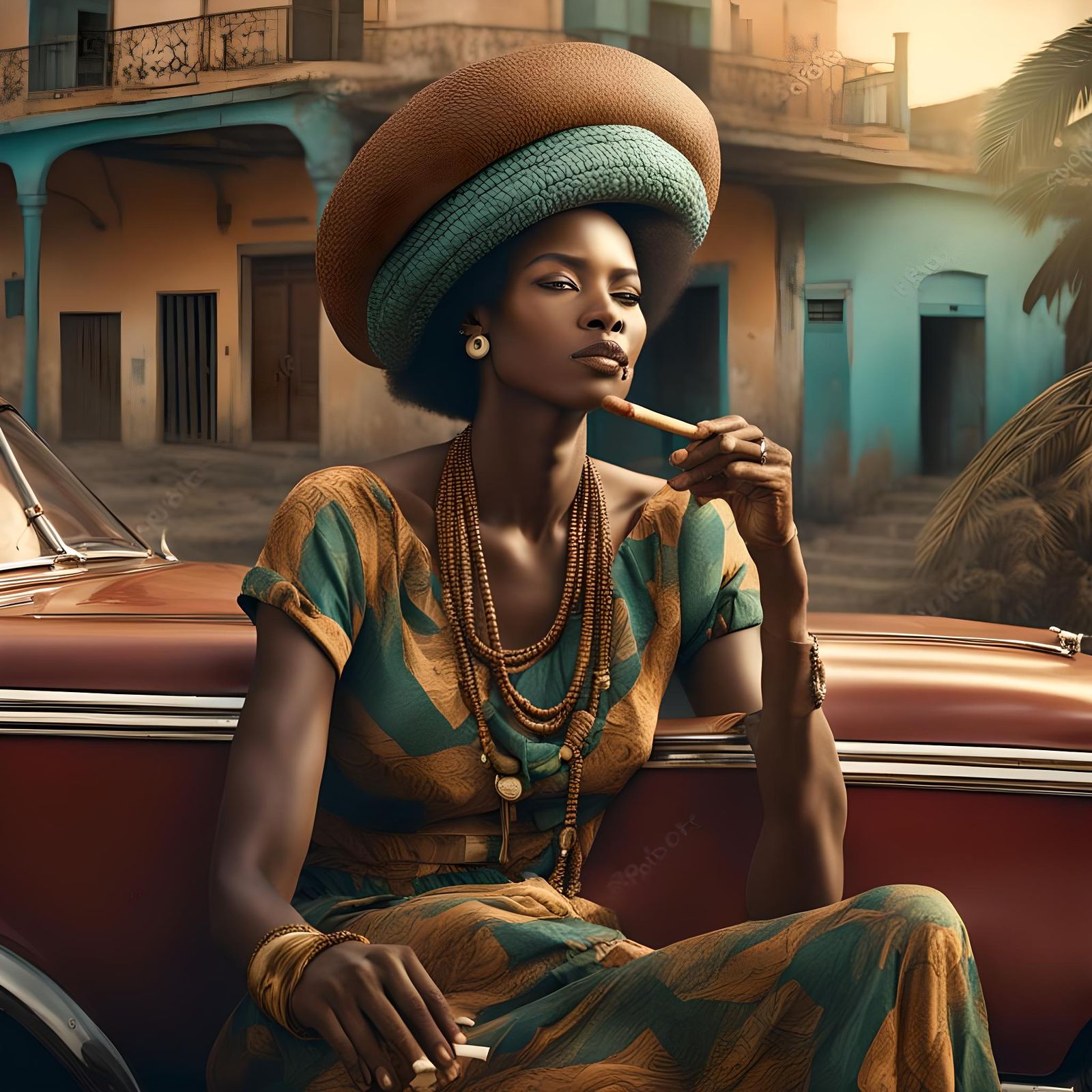Elegant Afro Cuban Woman Smokes in a Vibrant, Detailed Art P...