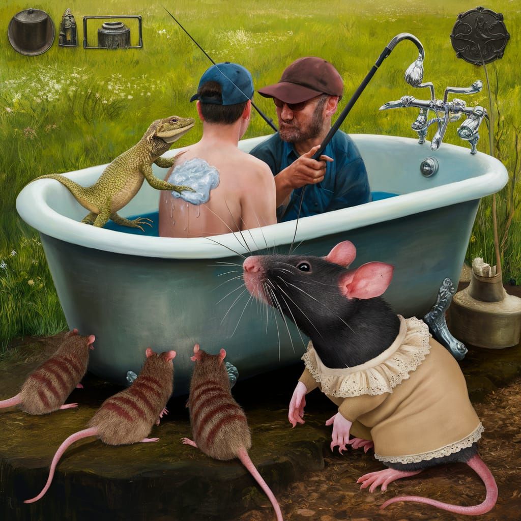 Surreal Art of a Meadow Scene with Bathing Fishermen and Unc...