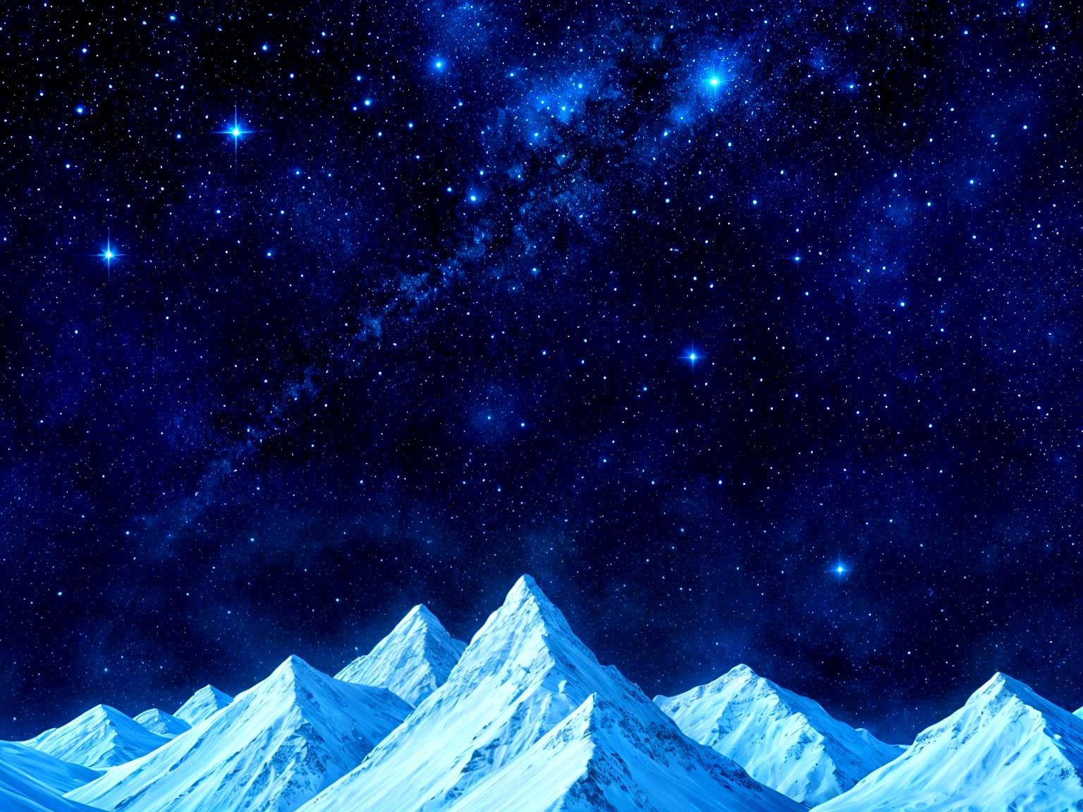 Icy blue mountains with a vibrant winter’s night starry sky.