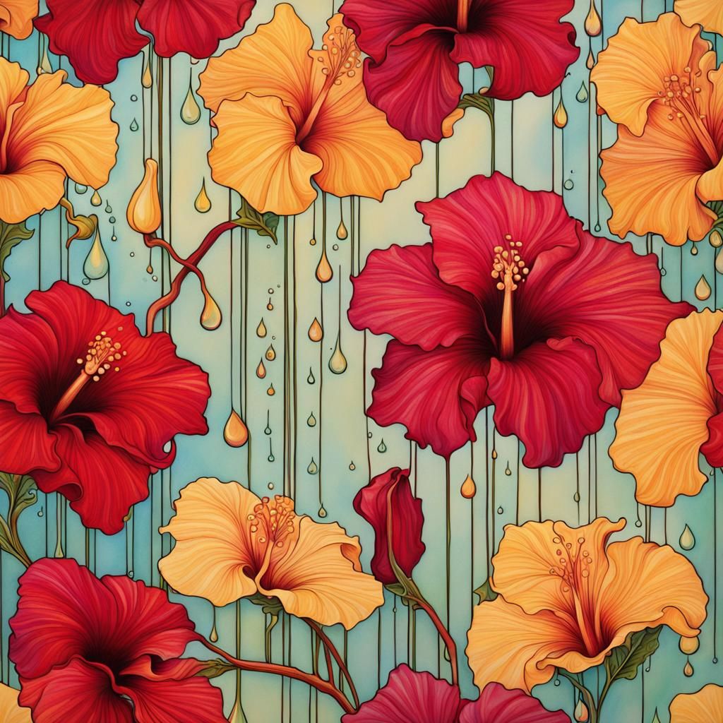 Water Droplets Adorn Art Nouveau Hibiscus
