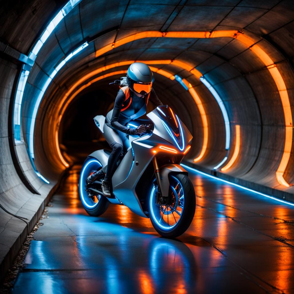 Sleek Cyberbike Navigates Dark Underground Labyrinth