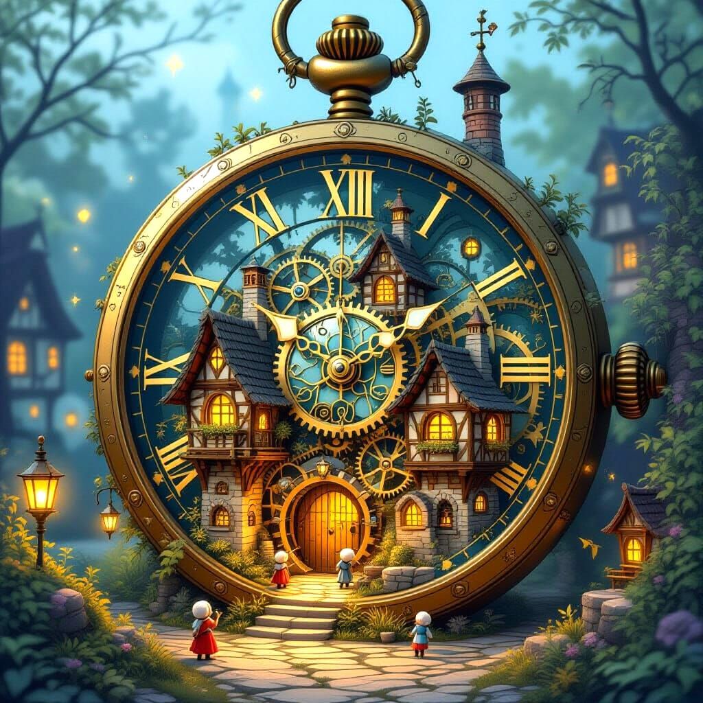 Whimsical Village Inside a Giant Pocket Watch