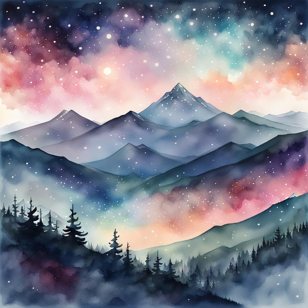 Dreamy Cosmic Mountain Panorama in Watercolor Style