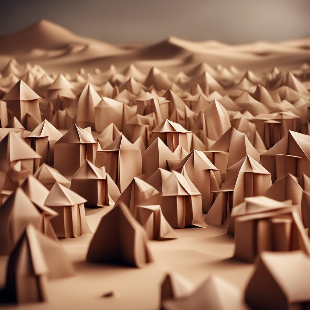 Surreal Desert Metropolis in Origami Papercraft Style