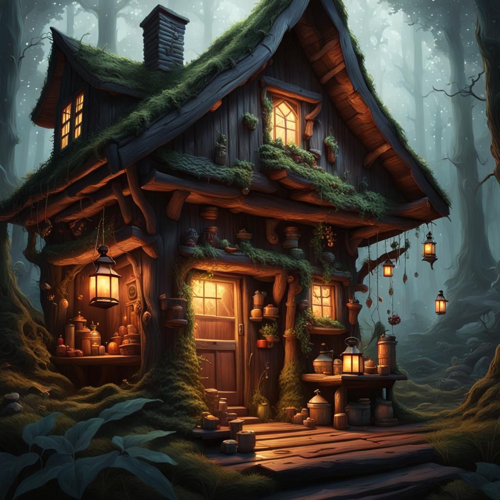 Mystical Druid Concocts Potions in a Crooked Wooden Cabin