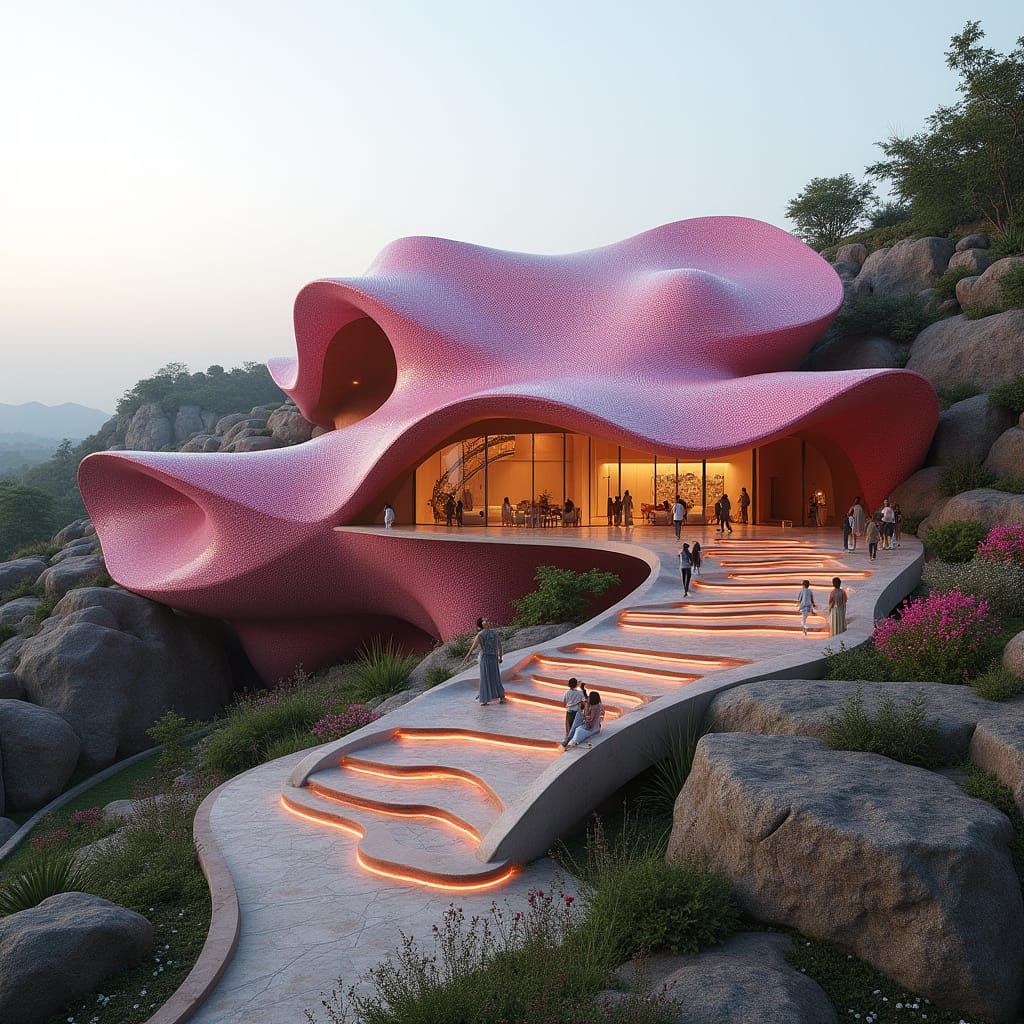 Futuristic Iranian-Geometric Petal Building with Rooftop Gar...