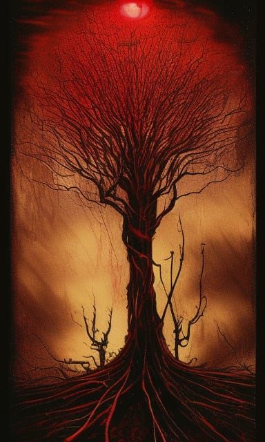 Dark Academia Horror Concept Art with Skeleton Tree in Deep...