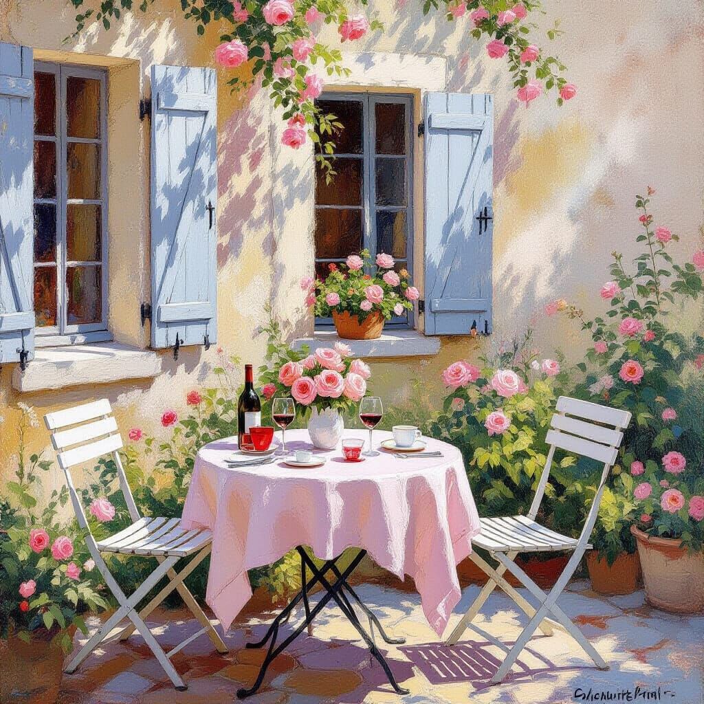 Romantic French Courtyard in Impressionist Style