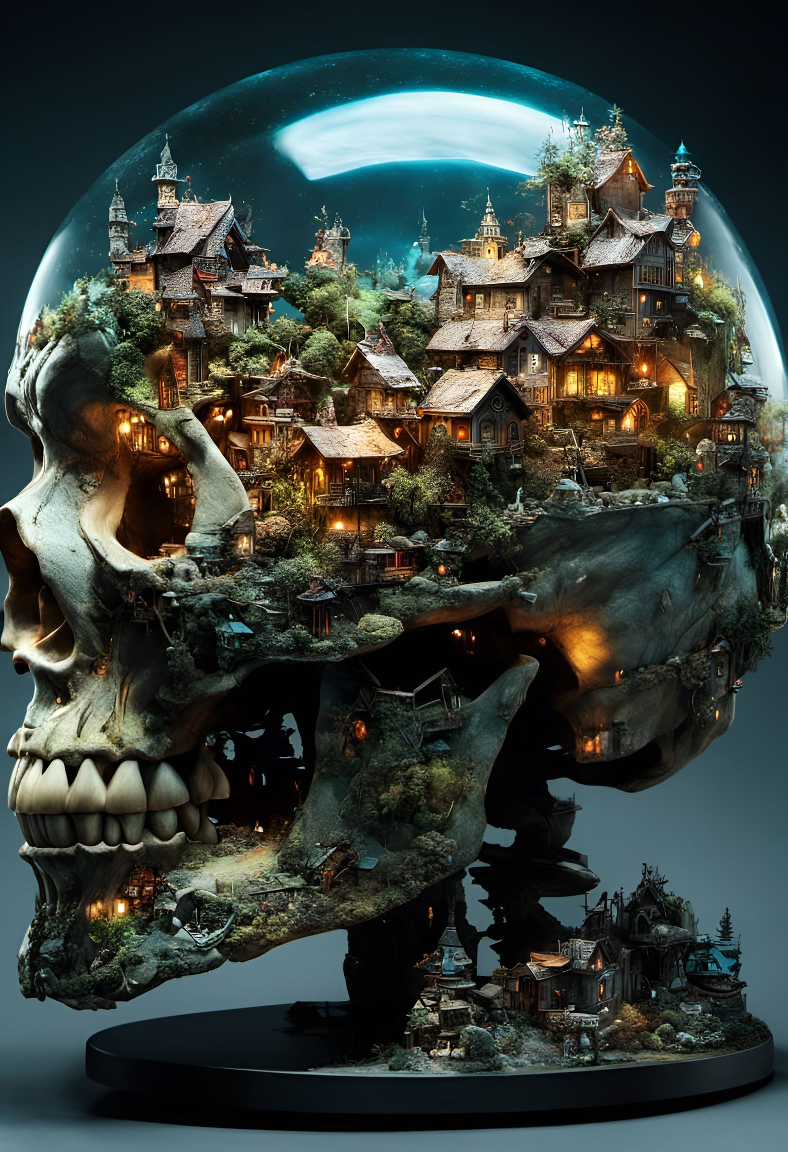 Whimsical Faerie Village Glows within an Enchanted Skull in...