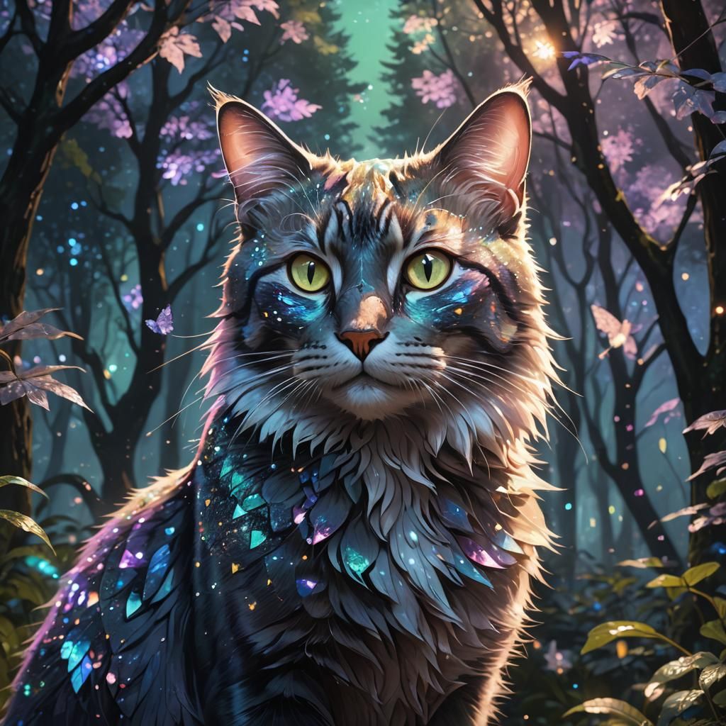 Tranquil Iridescent Feline Amidst Sparkling Forest Nightscap...