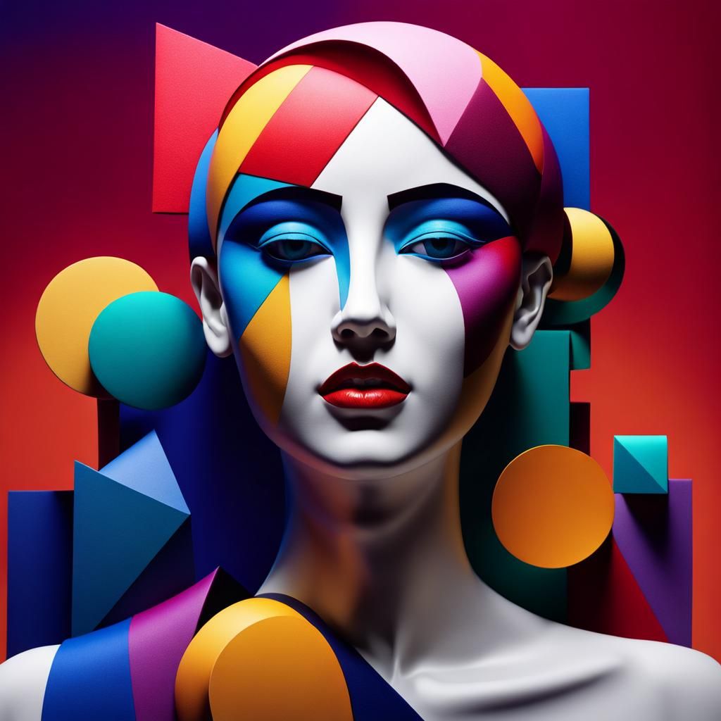 Cubist Masterpiece in Triadic Colors and Deep Ink Washes