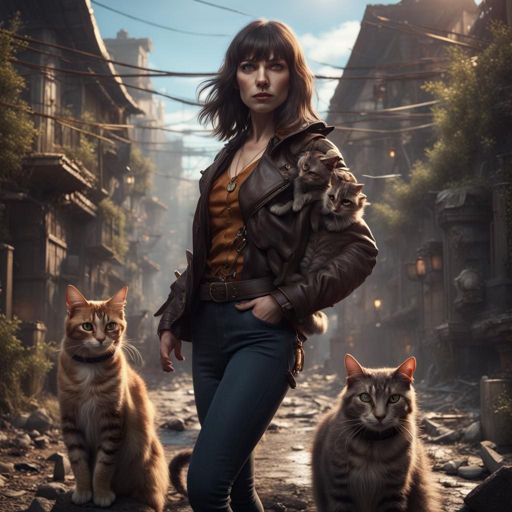 Fantastical Woman Enchanted by Feline Companions in Vivid Ma...