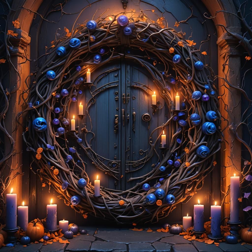 Vibrant Dark Fantasy Wreath Illuminates Mysterious Door