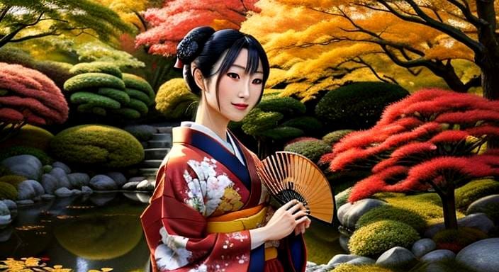 Autumn Beauty in Traditional Japanese Kimono Oil Painting