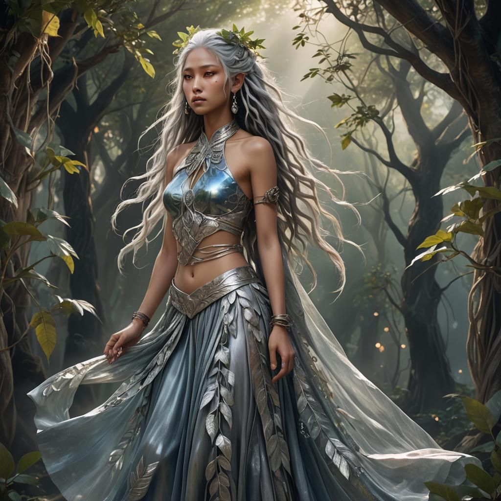 Ethereal Kalashtar Goddess in Shimmering Leaves