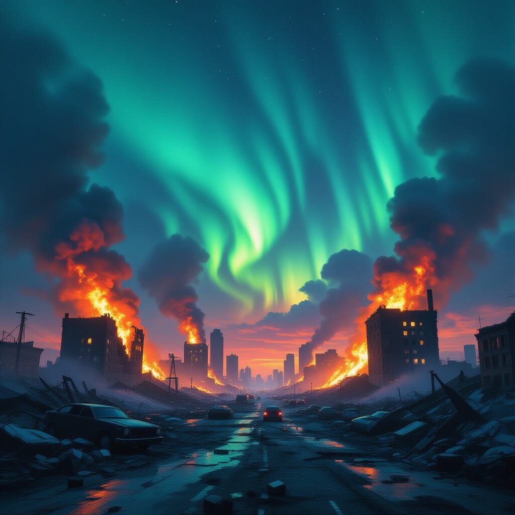 Aurora Lights Dystopian Cityscape in Futuristic Style