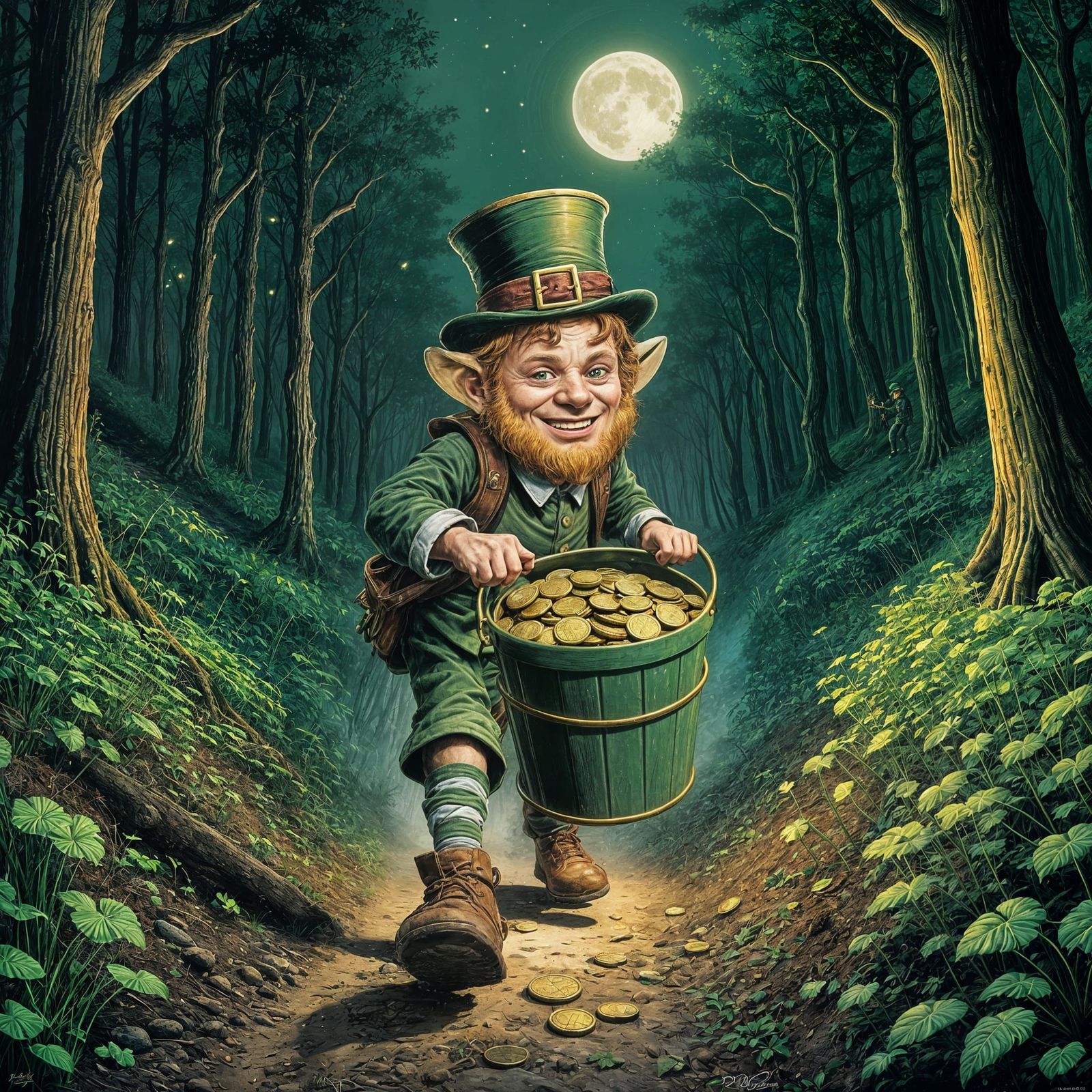 Leprechaun Carrying Golden Bucket Through Dark Green Forest ...