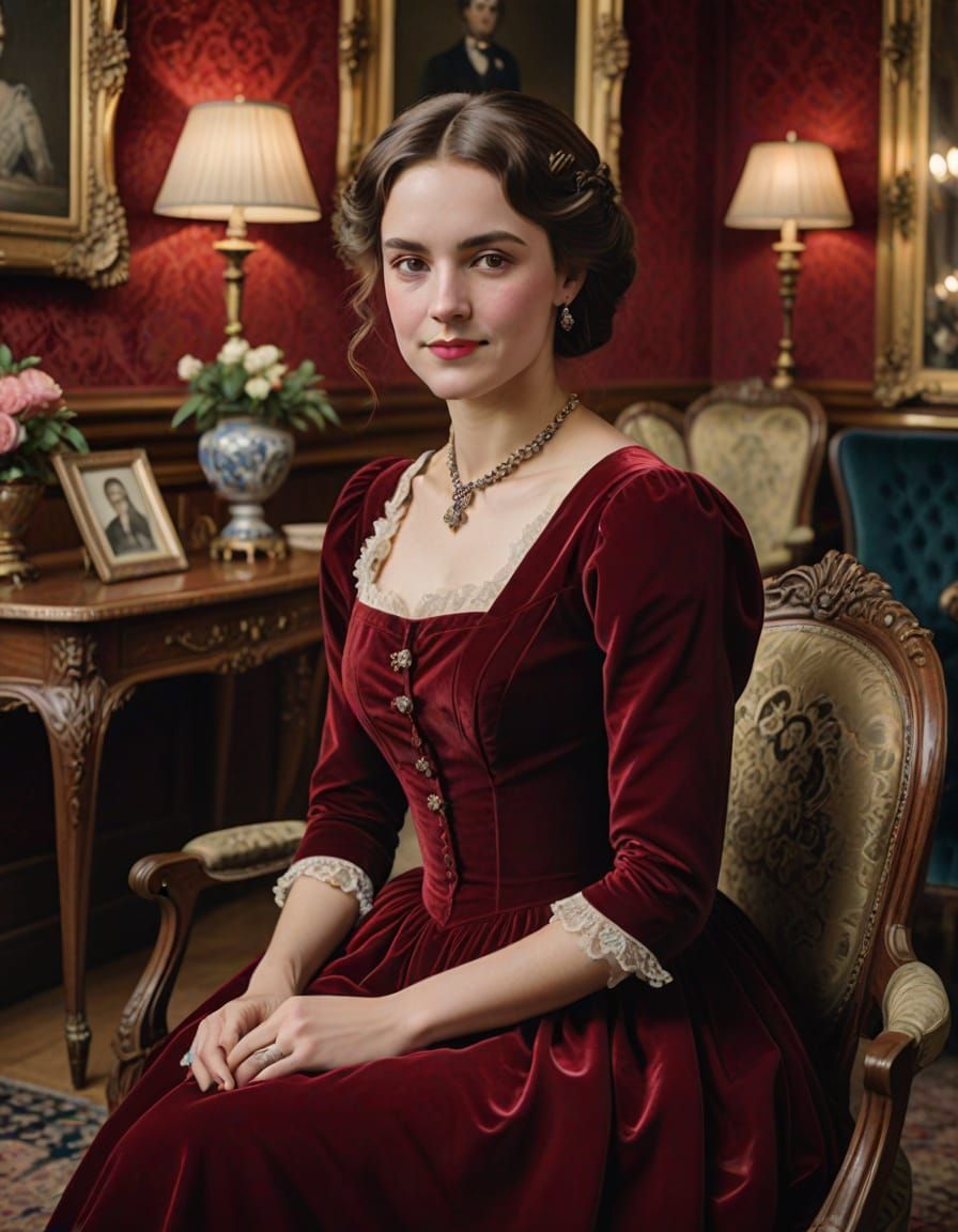 Elegant Victorian Lady in Velvet Red Gown