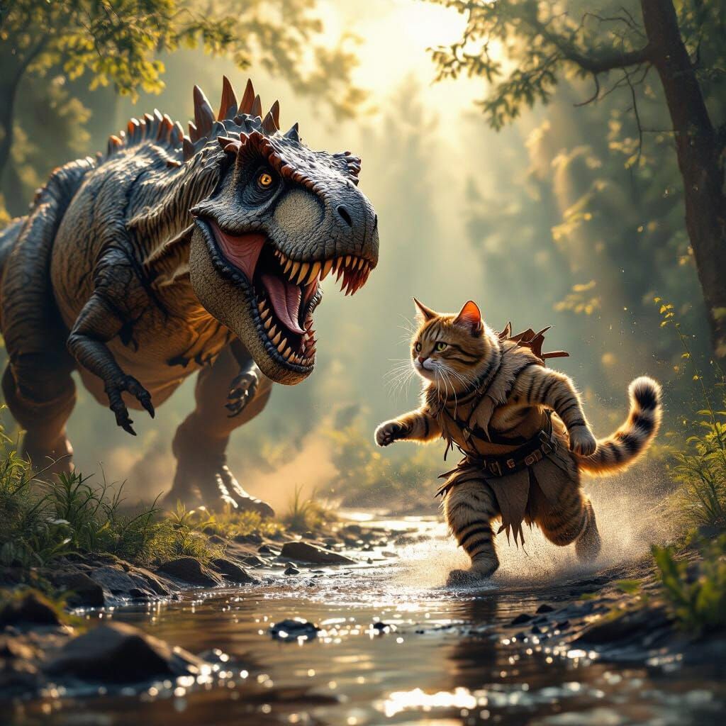 Neanderthal Cat Flees T-Rex in Golden Hour Forest