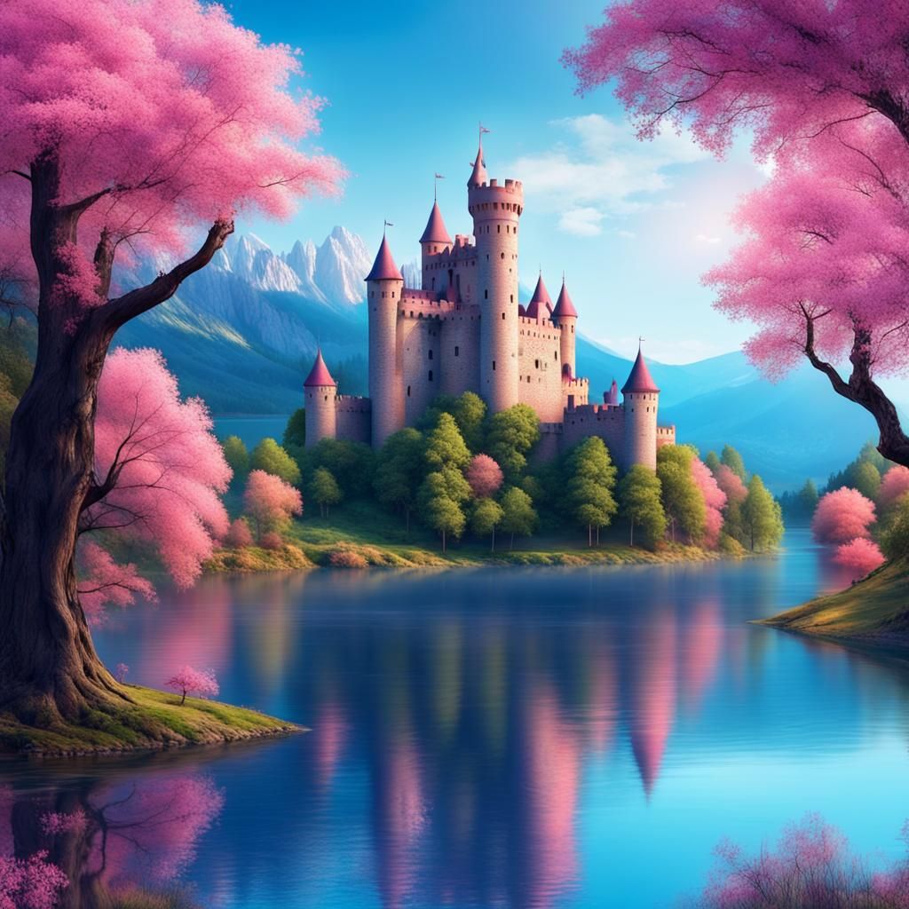 Medieval Castle Landscape in Vibrant Pink and Blue