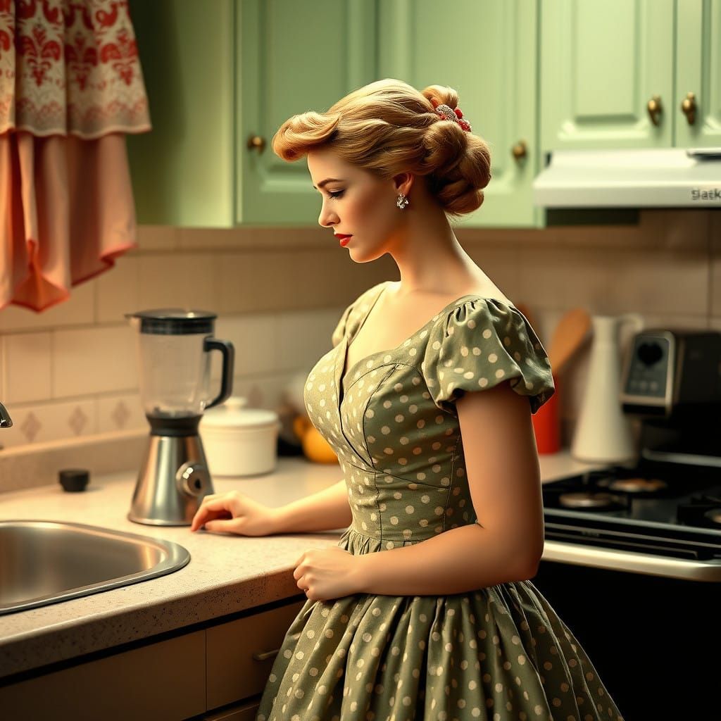 A 1950s Homemaker Converses with a Kitchen Appliance in Intr...