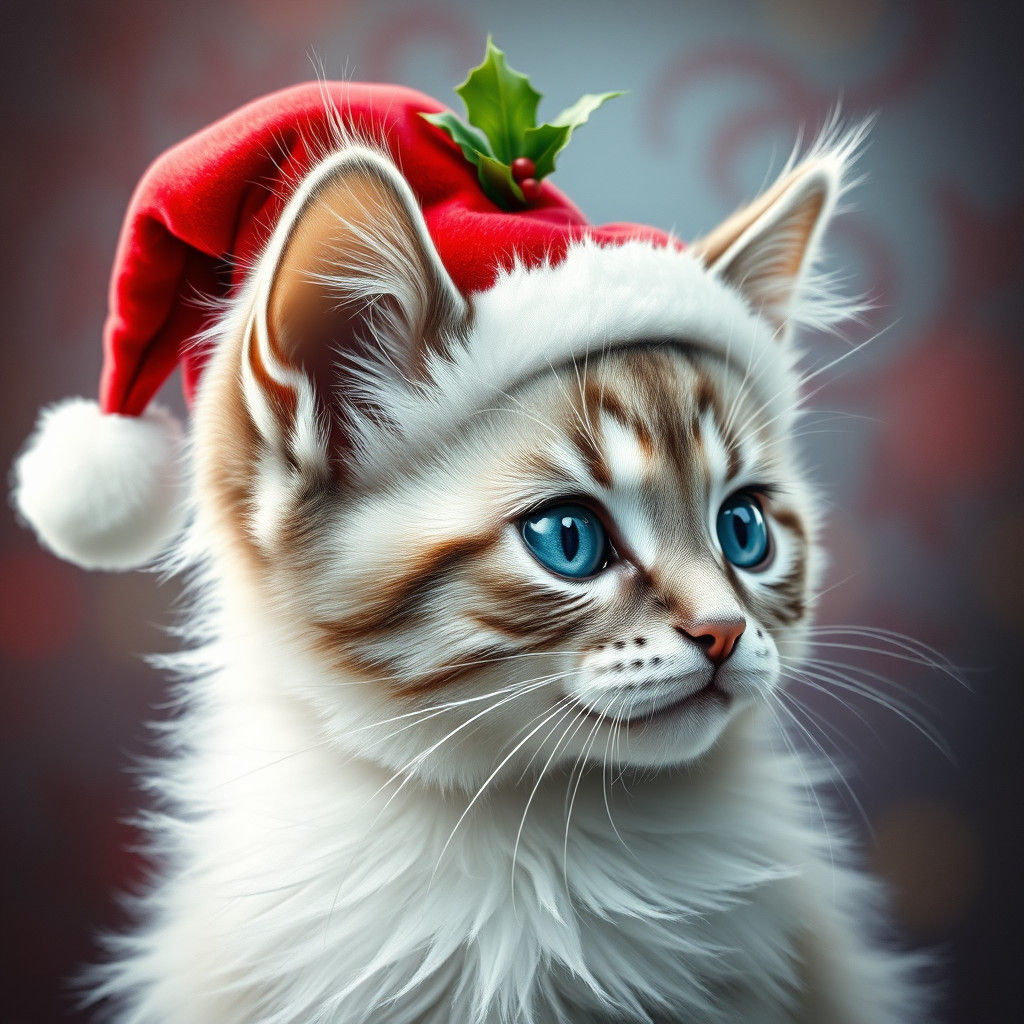 Whimsical Charcoal Cat in Vibrant Santa Hat