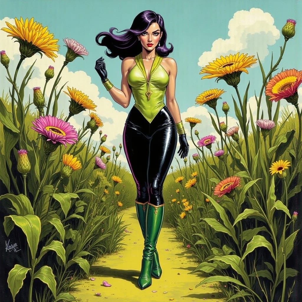 Mid-Century Superheroine in a Floral Field
