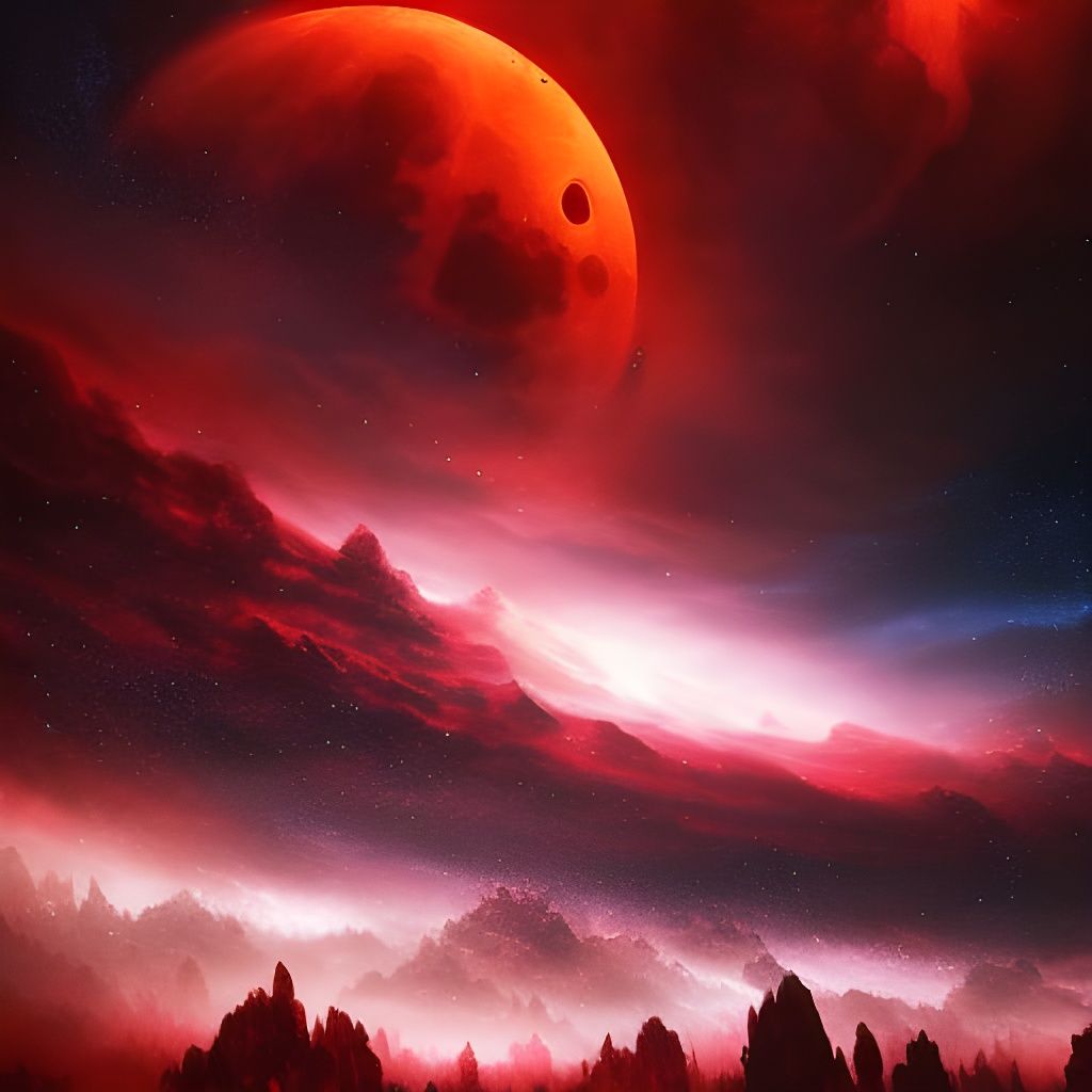Surreal Blood Moon Emerges from Hypnotic Nebula