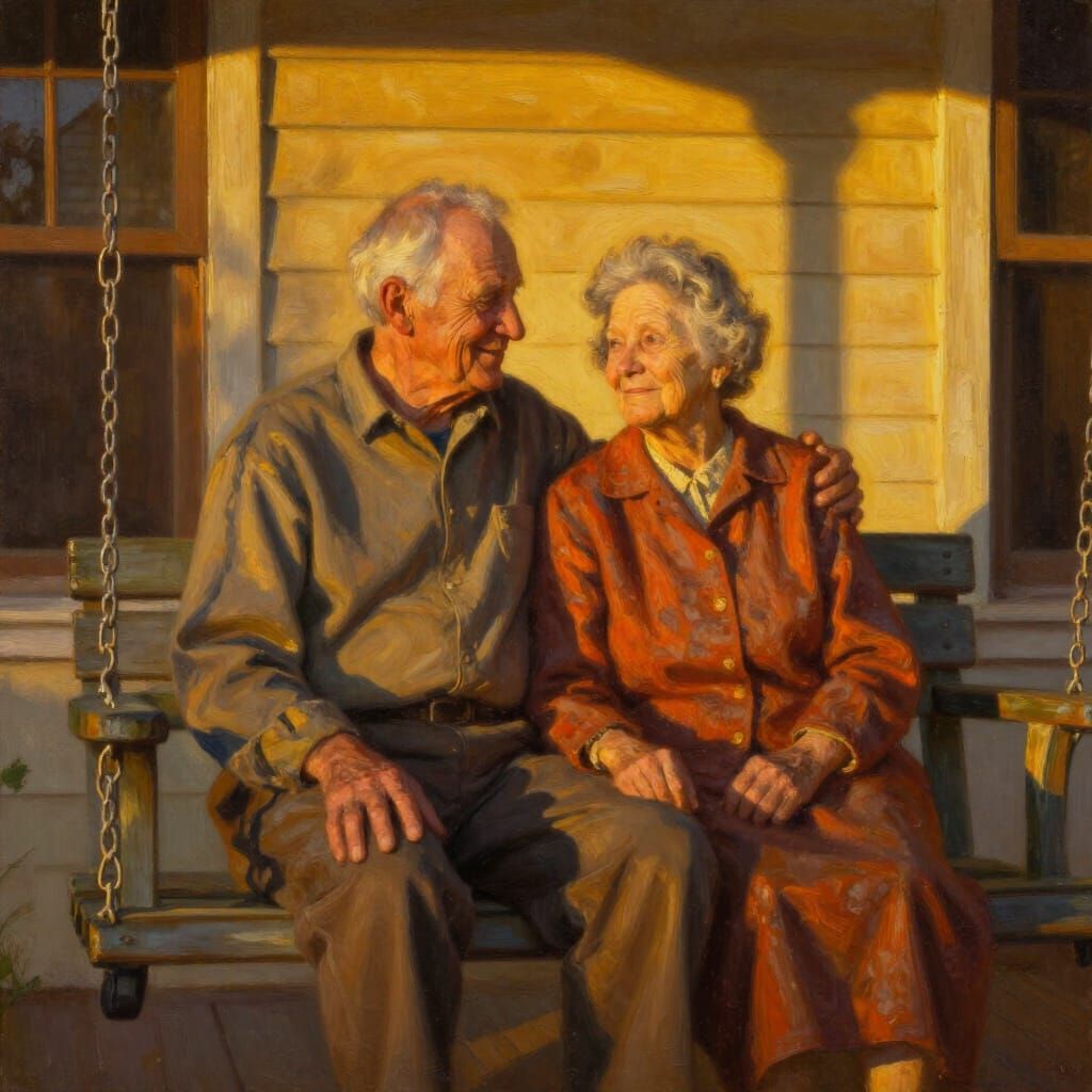 Elderly Couple on Porch Swing at Sunset