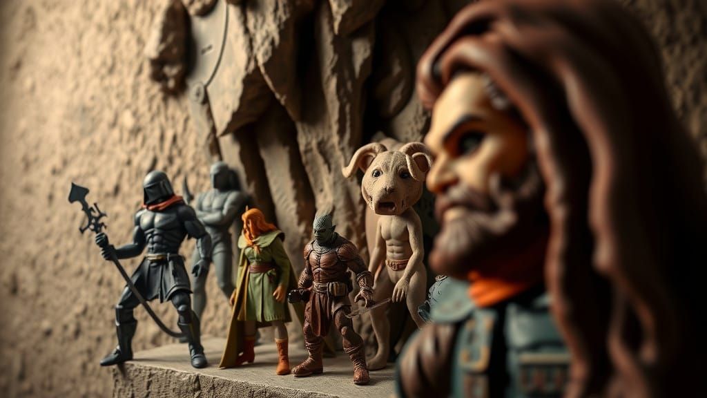 Fantasy Action Figures on Cliff Shelf in Earthy Surreal Styl...