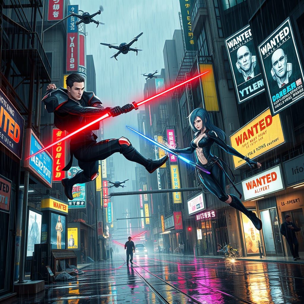 Cyberpunk Warriors Engage in High-Stakes Battle in Rainy Neo...