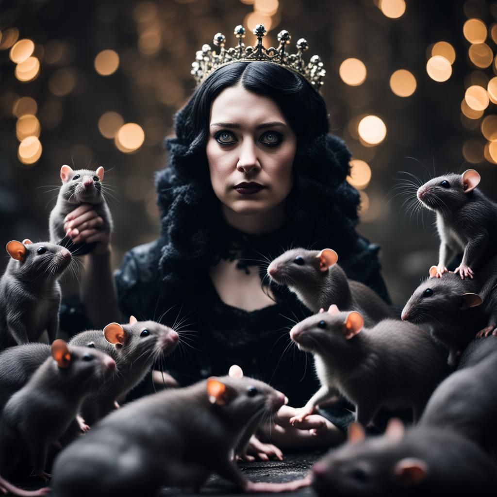 Ethereal Goth Queen Surrounded by Rats in Moody Darkness