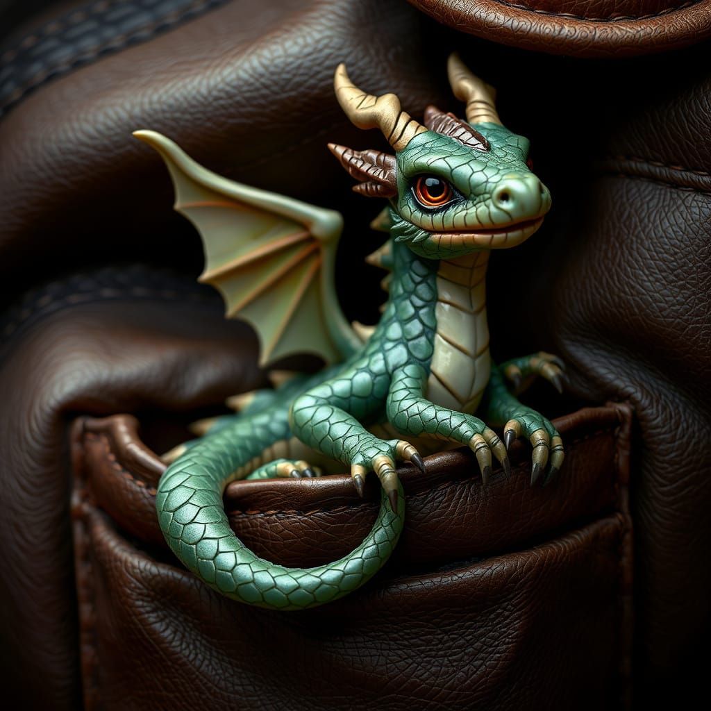 Realistic Pocket Dragon Perched in Leather Jacket