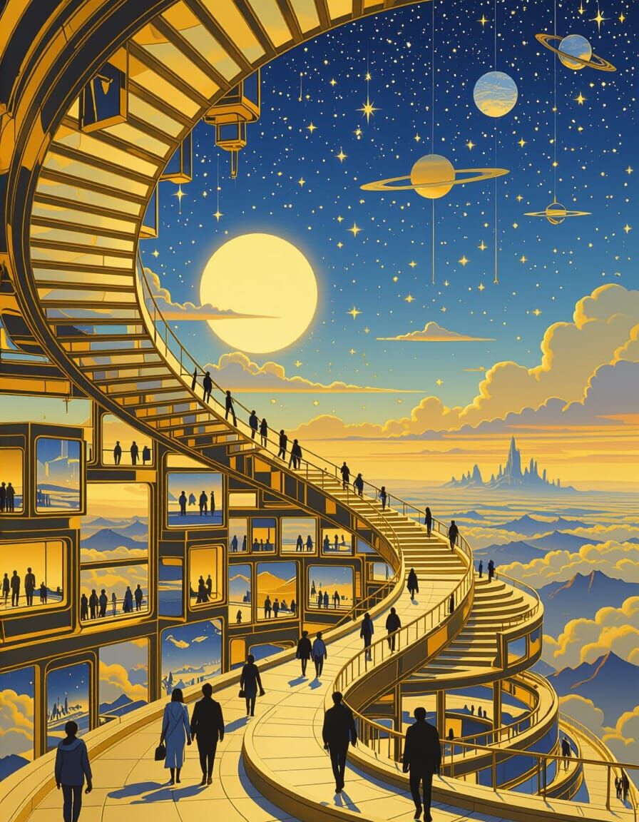 Surreal Golden Landscape with Celestial Sky