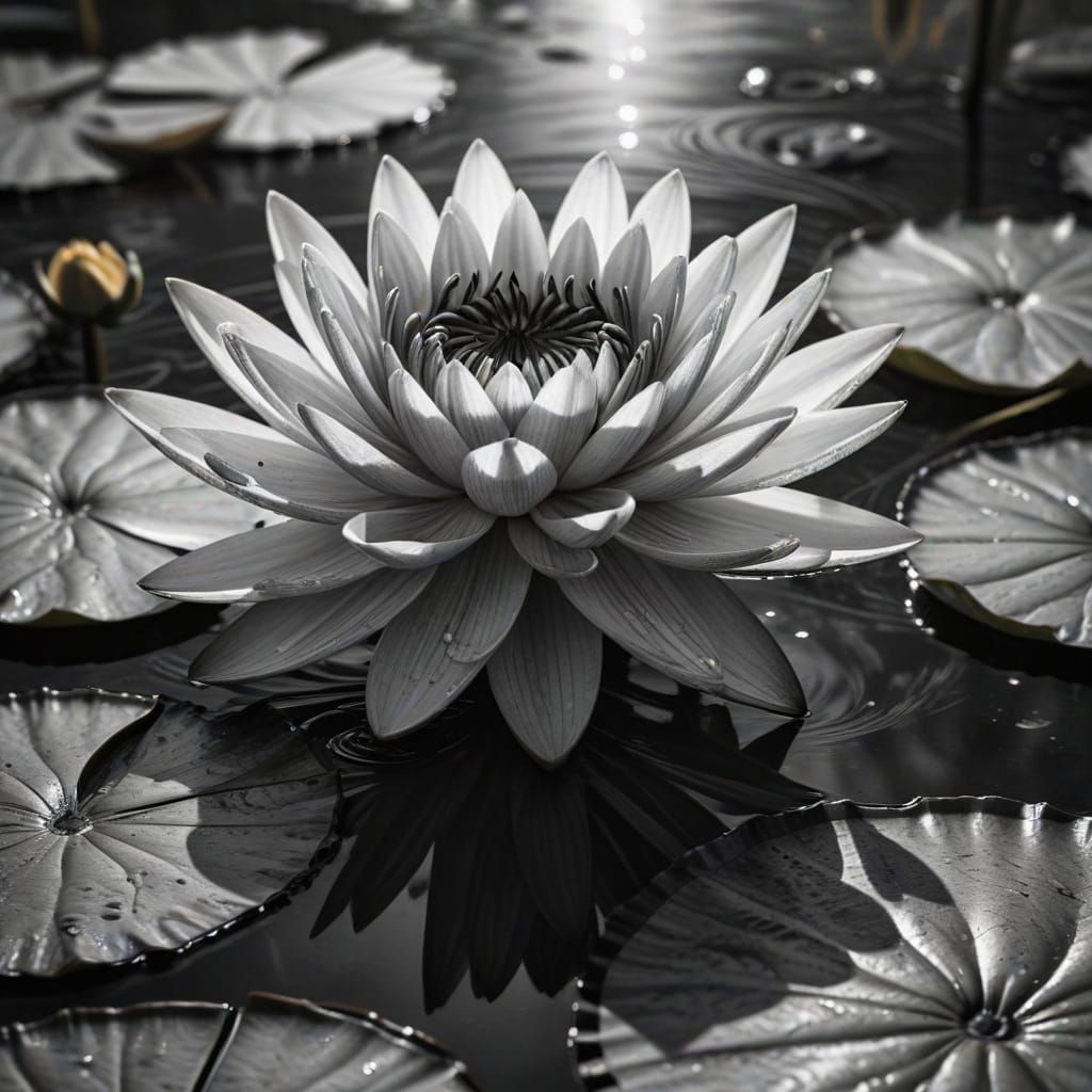 Vibrant Black and Gold Water Lilies in Charcoal Art