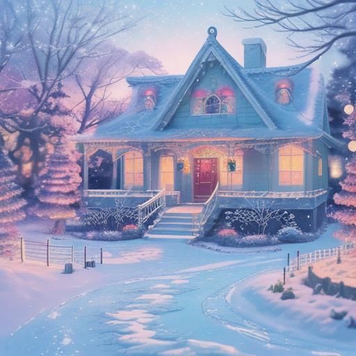 Anime-Style Watercolor Gingerbread House in Snowy Winter Won...