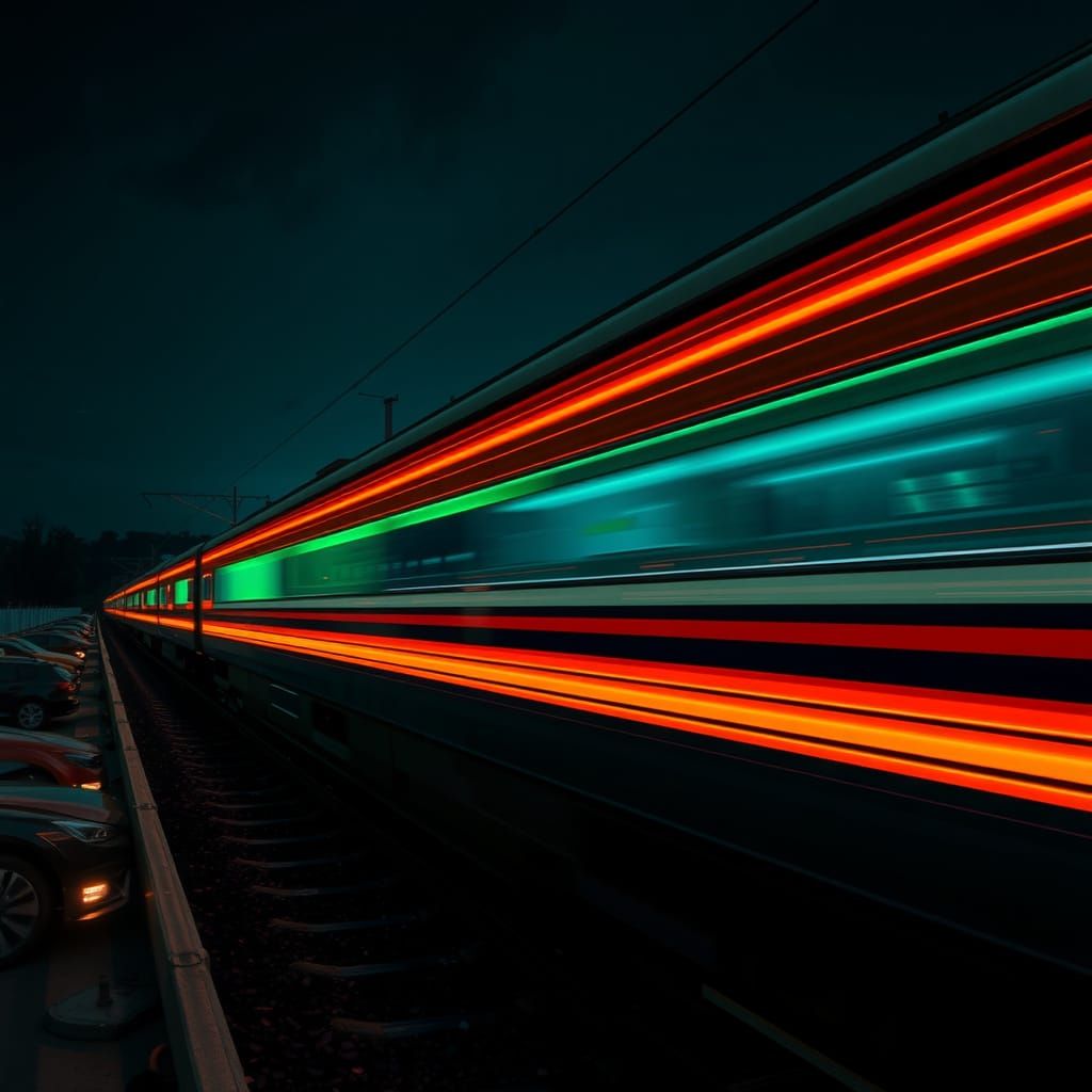 Sleek Train at Night with Neon Motion Trails