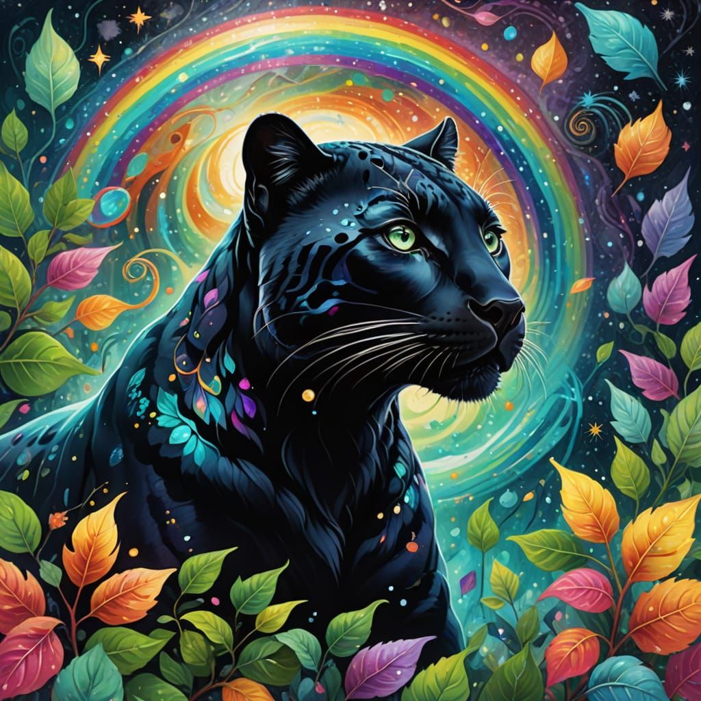 Whimsical Astral Panther and Snow Leopard Amidst Rainbow Lea...