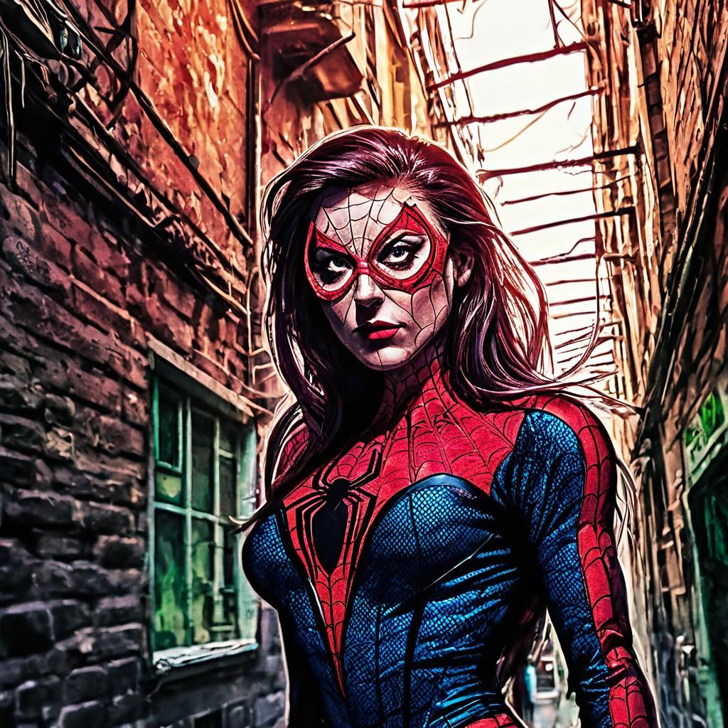 Dynamic Spider Girl in Web-Encrusted Alleyway Comic Book Art