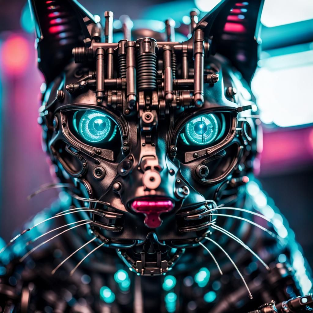 Cyborg Black Cat in Steampunk Cyberpunk Style