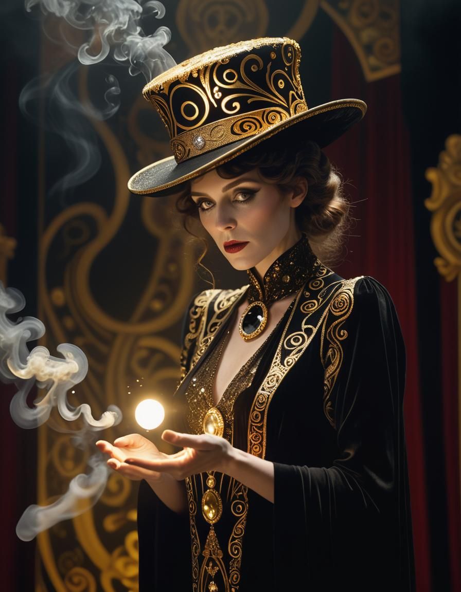 Mystical Magician Performs Enchanted Trick Under Velvet Drap...