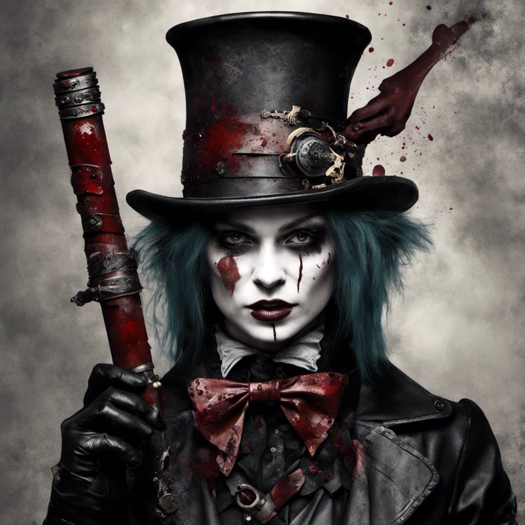 Goth Steampunk Mad Hatter Wields Bloodied Katana