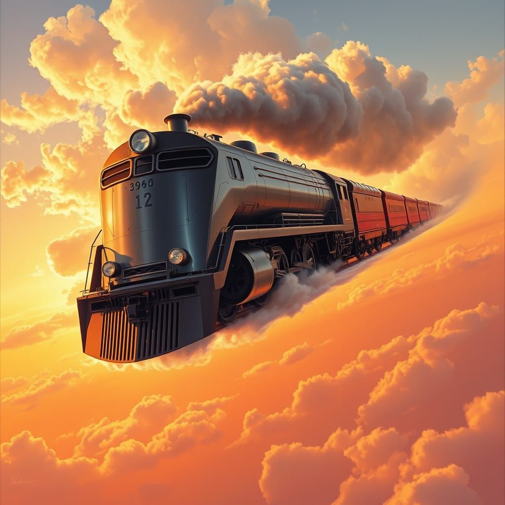 Train Soars Through Sunset Sky in Syd Mead-Inspired Aestheti...