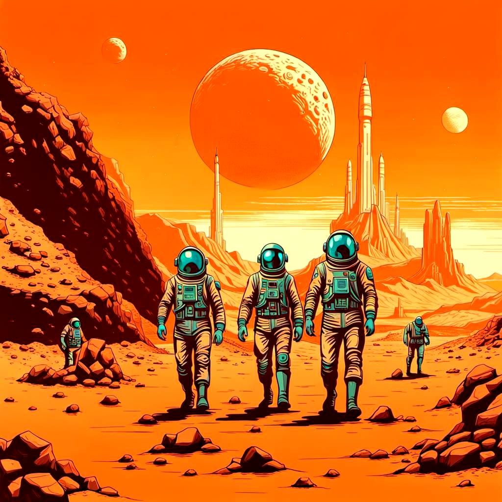 Soviet Cosmonauts in Retro-Futuristic Martian Mining Town