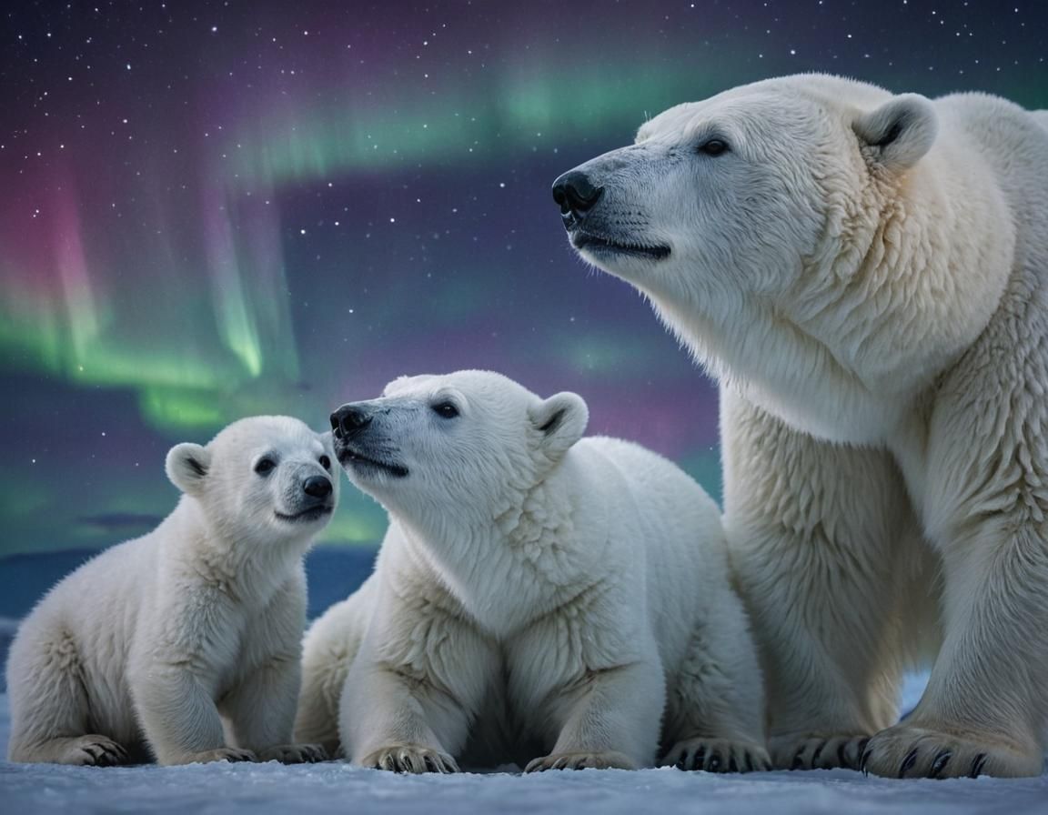 Northern Lights Dance Above Polar Bear and Cubs