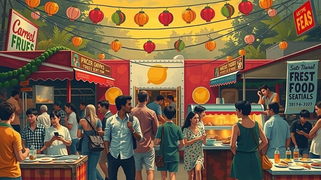 Global Street Food Festival in Vibrant Colors at Dusk