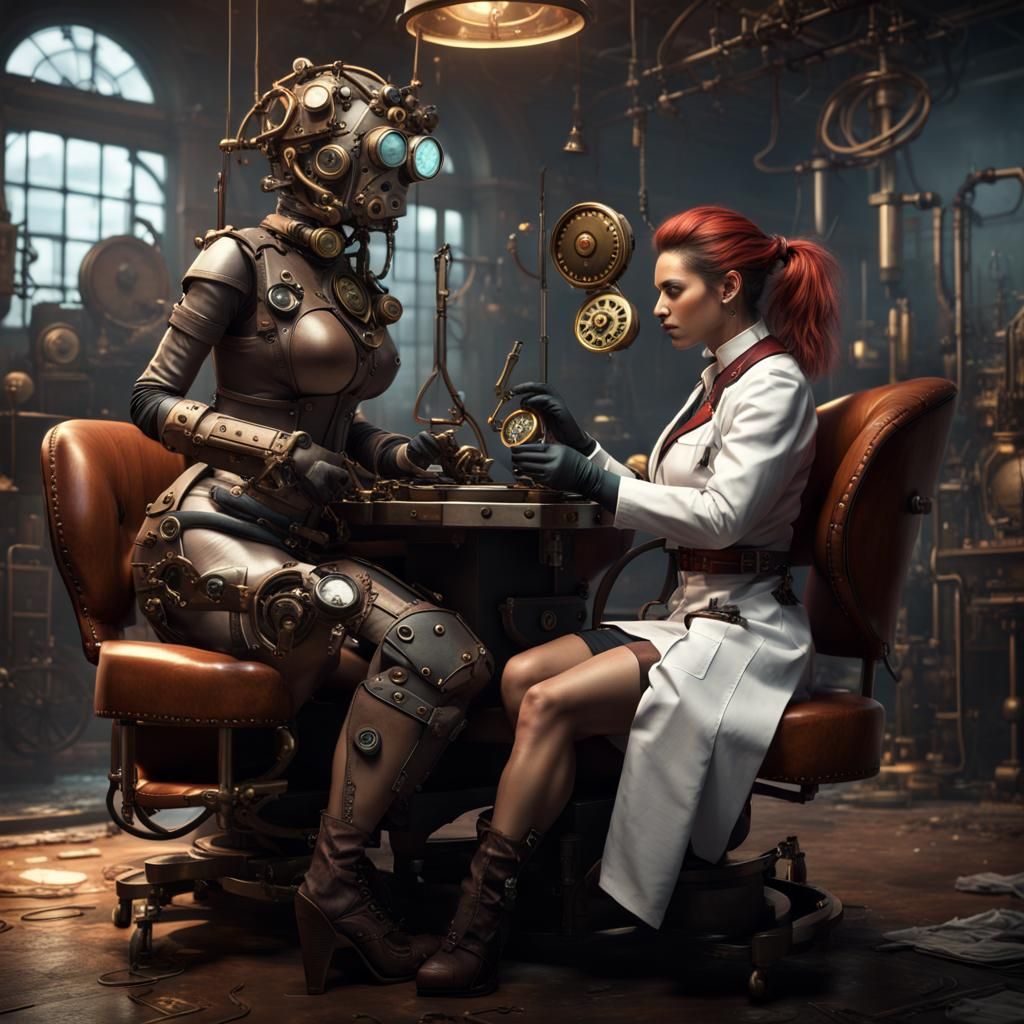 Steampunk Female Doctor Attends to Patient with Clockwork He...